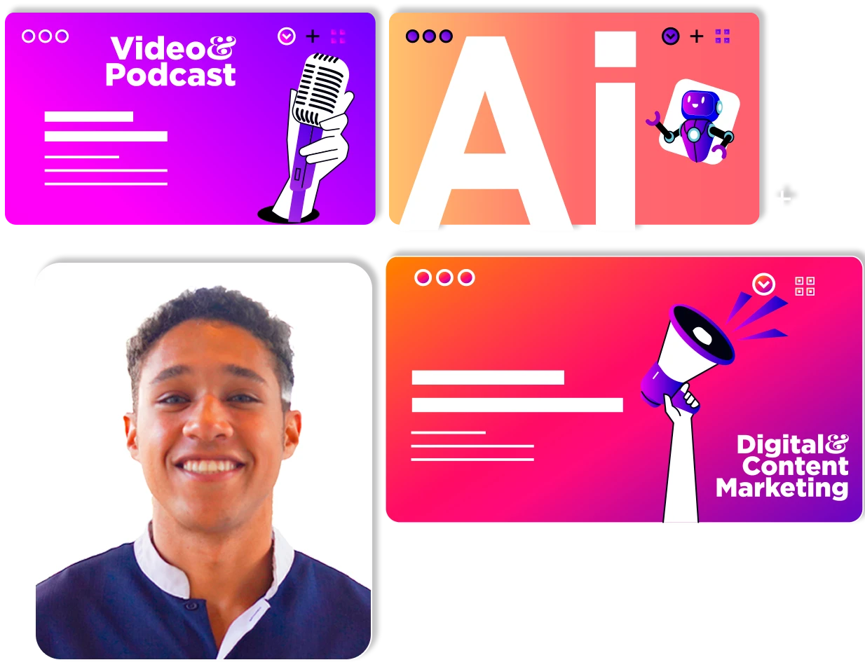 digital marketing recruiting graphic featuring ai, digital content and video marketing icons